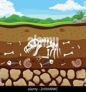 Cartoon fossil animals with dinosaur, fish, bone and shell Stock Vector