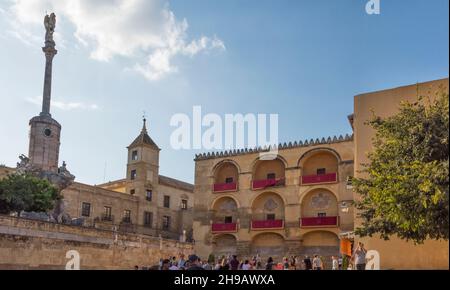 The Triumph of San Rafael de la Puerta del Puente and city wall, Cordoba, Cordoba Province, Andalusia Autonomous Community, Spain Stock Photo