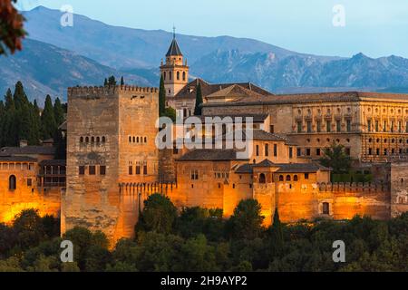 Alhambra palace and fortress complex at dusk, Granada, Granada Province, Andalusia Autonomous Community, Spain Stock Photo