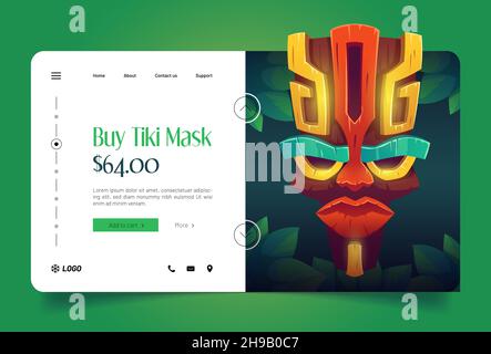 Tiki masks shop banner with hawaiian tribal totem. Vector landing page with cartoon illustration of traditional polynesian wooden god face. Advertising website with tikki masks Stock Vector