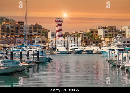 Marina and yacht club area in Cabo San Lucas, Los Cabos, a departure point for cruises, marlin fishing and lancha boats to El Arco Arch and beaches. Stock Photo