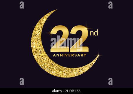 Twenty Two Years Anniversary Celebration Golden Emblem in Black Background. Number 22 Luxury Style Banner Isolated Vector. Stock Vector