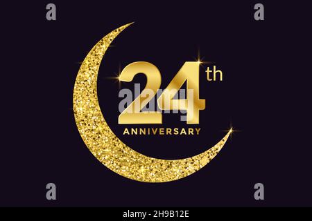 Twenty Four Years Anniversary Celebration Golden Emblem in Black Background. Number 24 Luxury Style Banner Isolated Vector. Stock Vector
