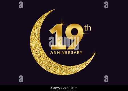 Nineteen Years Anniversary Celebration Golden Emblem in Black Background. Number 19 Luxury Style Banner Isolated Vector. Stock Vector