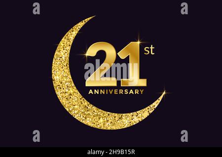 Twenty One Years Anniversary Celebration Golden Emblem in Black Background. Number 21 Luxury Style Banner Isolated Vector. Stock Vector
