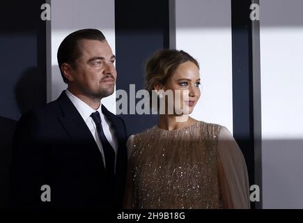 New York, United States. 05th Dec, 2021. Jennifer Lawrence and Leonardo DiCaprio arrive on the red carpet at the world premiere of Netflix's 'Don't Look Up' on Sunday, December 05, 2021 in New York City. Photo by John Angelillo/UPI Credit: UPI/Alamy Live News Stock Photo