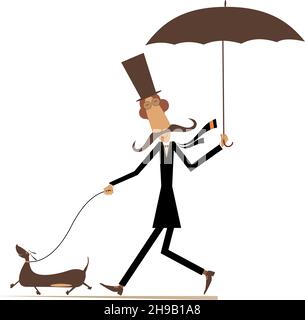 Funny long mustache with umbrella and dog illustration. Cartoon long mustache man in the top with umbrella walking with a dog isolated on white Stock Vector