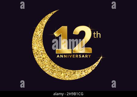 Twelfth Anniversary Celebration Golden Emblem in Black Background. Number 12 Luxury Style Banner Isolated Vector. Stock Vector