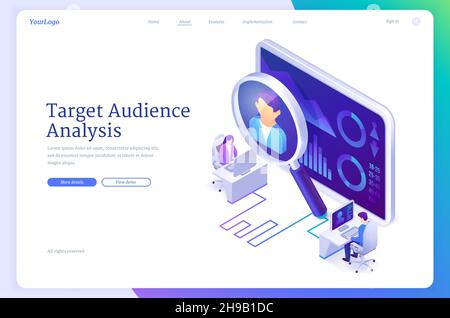 Target audience analysis banner. Customer focus group analytics, research user experience, marketing business strategy concept. Vector landing page with isometric people and client profile on screen Stock Vector