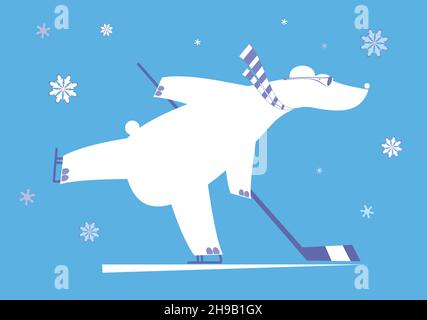 Cartoon bear an ice hockey player illustration.  Cartoon polar bear plays ice hockey white on blue background Stock Vector