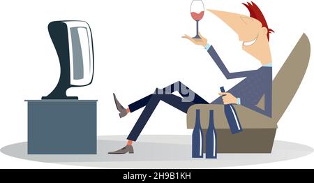 Young man watches TV and drinks alcohol illustration.  Smiling person sits in an armchair in front of TV with a glass of alcohol and bottles isolated Stock Vector