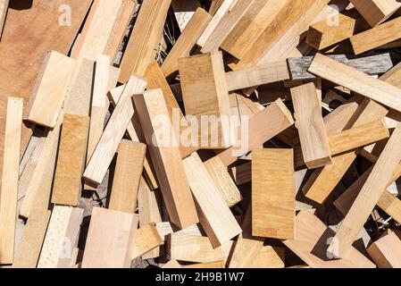 wood scraps of different sizes, colors and shapes Stock Photo