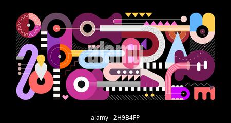 Geometric style vector illustration, colored flat design of different musical instruments isolated on a black background. Abstract art composition of Stock Photo