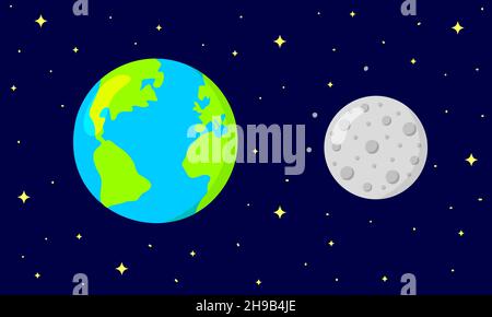 Earth and Moon on dark space starry background. Astronomy for kids. Vector cartoon illustration. Stock Vector