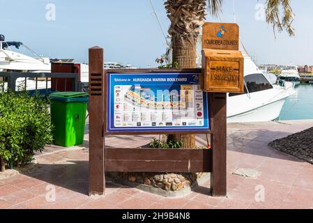 Hurghada, Egypt - May 31, 2021: Survey map, Marina Boulevard, New Marina, yacht harbour in Hurghada, Egypt. Stock Photo