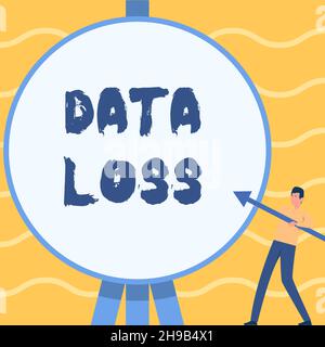 Conceptual caption Data Loss. Internet Concept process or event that results in data being corrupted and deleted Man Standing Holding Large Arrow Stock Photo