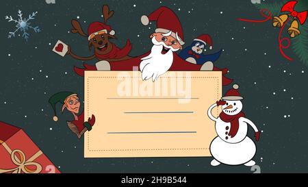 Christmas card with Santa Claus, deer, penguin, elf and Snowman Stock Photo