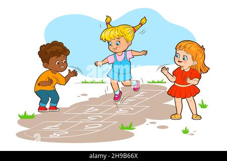 Two girls and a boy are jumping playing hopscotch. Vector illustration in cartoon style, black and white lines Stock Vector
