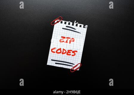 Text showing inspiration Zip Codes. Concept meaning numbers added to a postal address to assist the sorting of mail Thinking New Bright Ideas Renewing Stock Photo