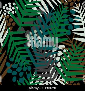 Tropical Jungle Dark Background with fern leaves Stock Vector