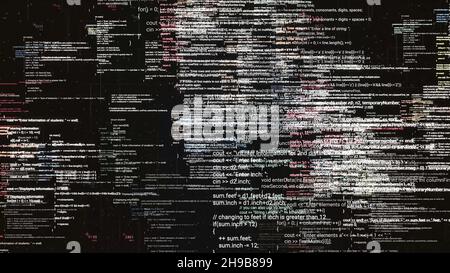 Page with source codes on black background. Animation. Overlapping source codes in cyberspace. Background of many changing source codes. Programming c Stock Photo