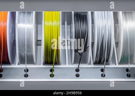 Wire for 3D printing rolls side by side of different colors. Material for 3D printing. Stock Photo