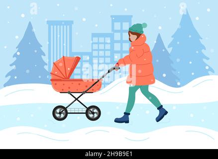 Winter walk of young mother with baby stroller. Woman in winter outerwear pushing pram for newborn, carriage for little child. Snowy weather. Vector f Stock Vector