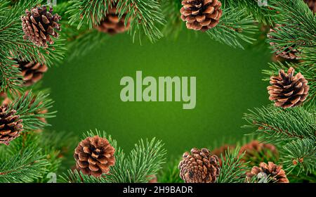 Christmas background, frame made of fir tree branches and cones Stock Photo