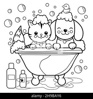 A dog and a cat in a tub taking a bubble bath. Black and white coloring page. Stock Photo