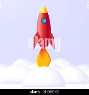Modern digital red rocket 3D render fluying up in clouds, stylized graphic Stock Vector