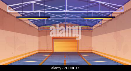 Empty warehouse interior with illuminating lamps on ceiling. Garage storage with rolling shutter gate and concrete flooring with markup. Storehouse room in store cartoon vector cartoon illustration. Stock Vector