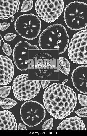 Hand drawn sketch style cherimoya banner. Organic fresh fruit vector illustration on chalk board. Botanical design template. Stock Vector