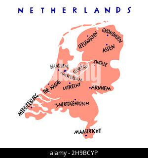 Vector hand drawn Netherlands capitals cities map. Netherlands Kingdom travel illustration. Geography illustration. Europe map element Stock Vector