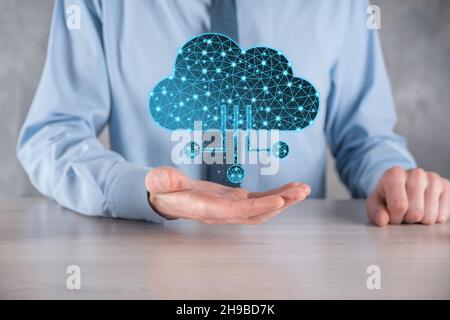 Cloud technology. Polygonal wireframe cloud storage sign with data collection icon on dark blue. Cloud computing, big data center, future infrastructu Stock Photo