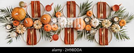 Decorated festive table for Thanksgiving day dinner Stock Photo