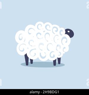 Cute sheep vector kids sleep illustration on blue background. Baby shower background. Child drawing flat style white sheep. Kids design for fabric and decor. Stock Vector