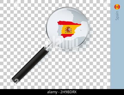 Spain map with flag in magnifying glass on transparent background. Vector loupe with map. Stock Vector