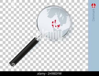 Denmark map with flag in magnifying glass on transparent background. Vector loupe with map. Stock Vector