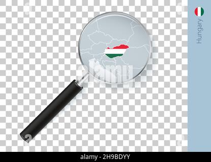 Hungary map with flag in magnifying glass on transparent background. Vector loupe with map. Stock Vector