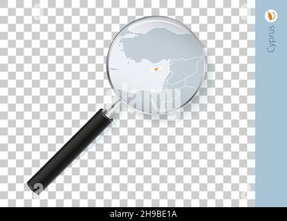 Cyprus map with flag in magnifying glass on transparent background. Vector loupe with map. Stock Vector