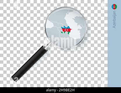 Azerbaijan map with flag in magnifying glass on transparent background. Vector loupe with map. Stock Vector