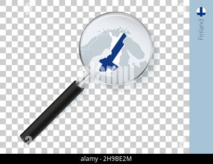 Finland map with flag in magnifying glass on transparent background. Vector loupe with map. Stock Vector