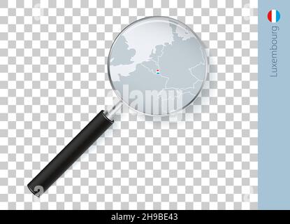 Luxembourg map with flag in magnifying glass on transparent background. Vector loupe with map. Stock Vector