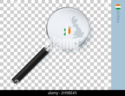 Ireland map with flag in magnifying glass on transparent background. Vector loupe with map. Stock Vector