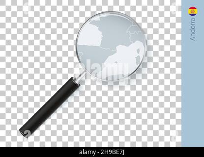 Andorra map with flag in magnifying glass on transparent background. Vector loupe with map. Stock Vector