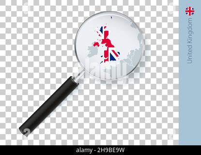 United Kingdom map with flag in magnifying glass on transparent background. Vector loupe with map. Stock Vector