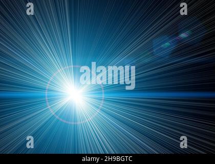 Abstract sunlights rays effect. Bright sun or laser cosmic rays, flashes and sparkle particles of light with optical lens over lay effect on empty black background. High quality photo Stock Photo