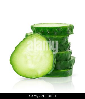 Stack of sliced cucumber isolated on white background with clipping path. Stock Photo