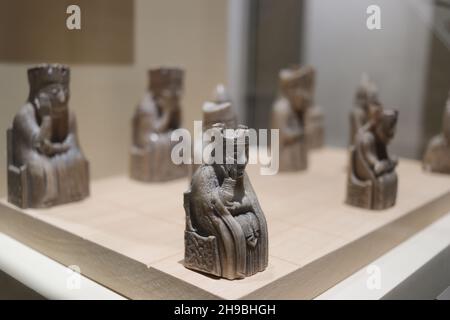 The Lewes Chessmen are made of ivory and some are exhibited in the National Museum of Scotland. They were also used in the Harry Potter film. Shown is Stock Photo