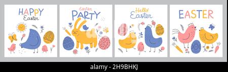 Funny easter posters. Cute patterned eggs, color chickens and bunny, spring holiday symbol, cartoon rustic happy characters, doodle domestic rural Stock Vector